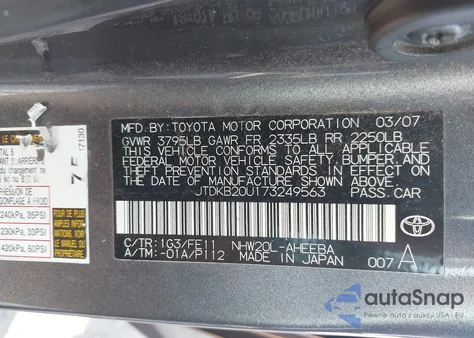2007 Toyota Prius z USA, uszkodzony, nr VIN JTDKB2OU173249563